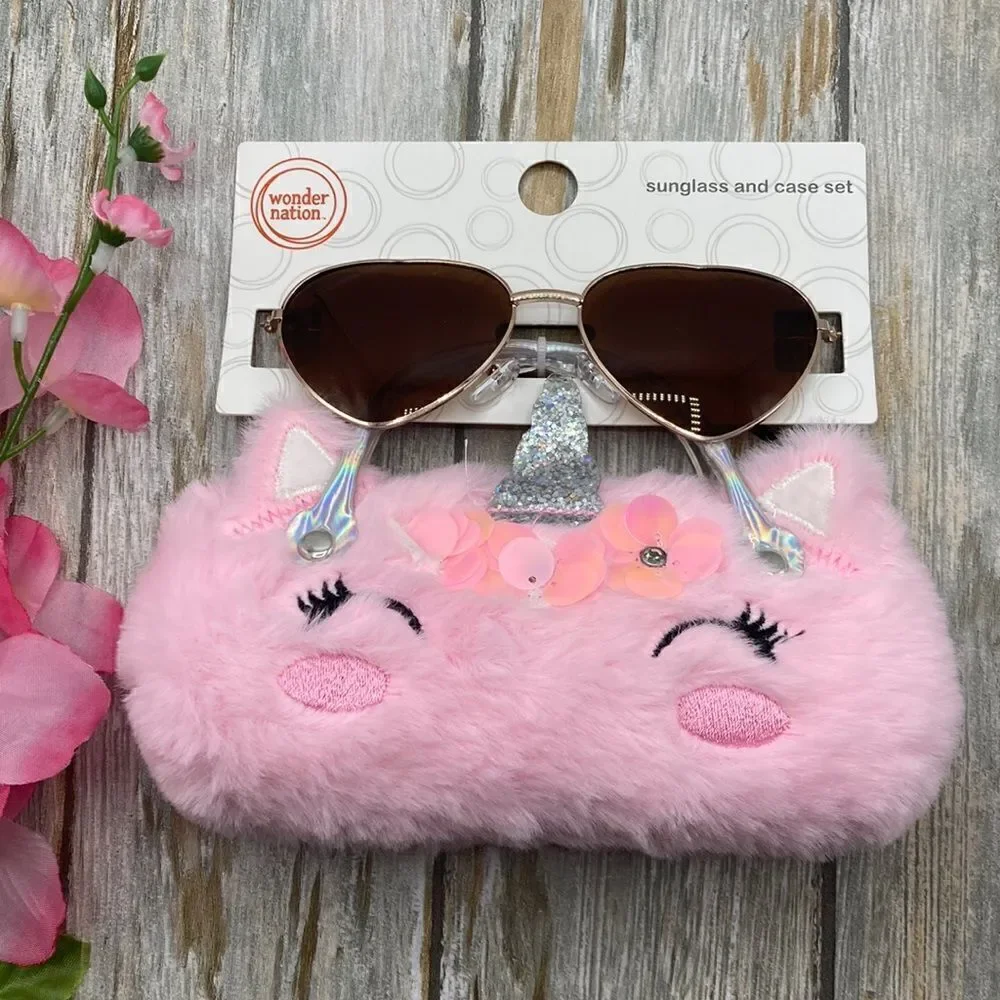 Girls Fun Summer Sunglasses With Unicorn & Bunny Faux Fur Carrying Cases